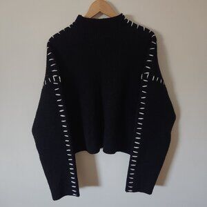 Commense Sweater Women L Black Oversize Mock Neck Shift The Focus Whipstitch